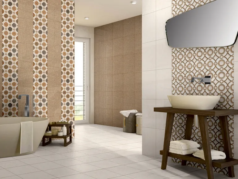 GFT SPH Geometric Sandune HL, GFT SPH Lisbon Floral HL, GFT SPB SAND CREMA & GFT SPB SAND SANDUNE Bathroom Ambiance Ceramic Sparkle Wall Tiles 300x450 MM